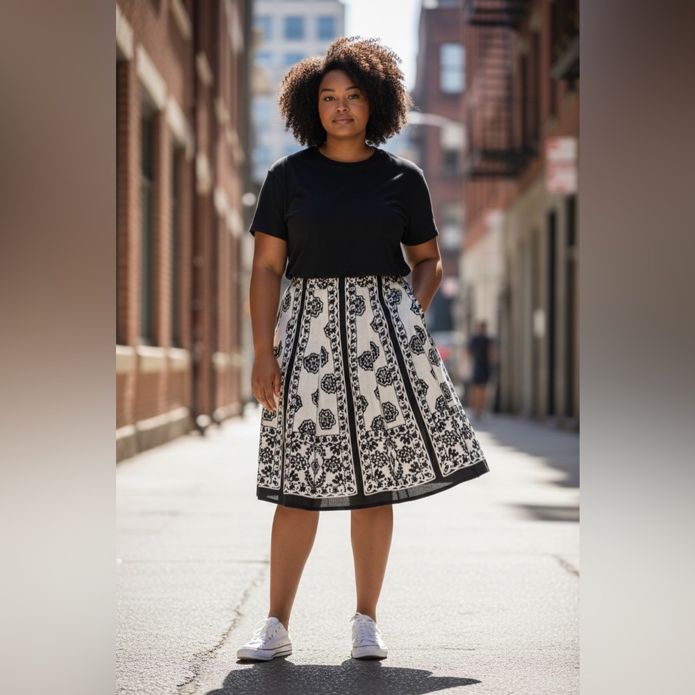 Chic Black and Cream Floral A-Line Skirt